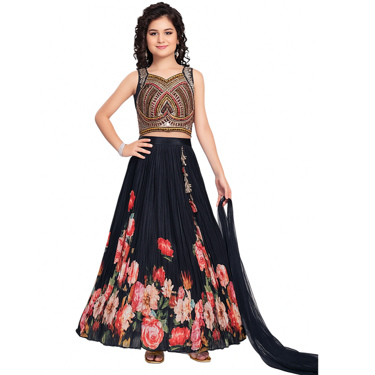 Diwali Special Girls Partywear Embroidered Lehenga Choli with Dupatta – Black