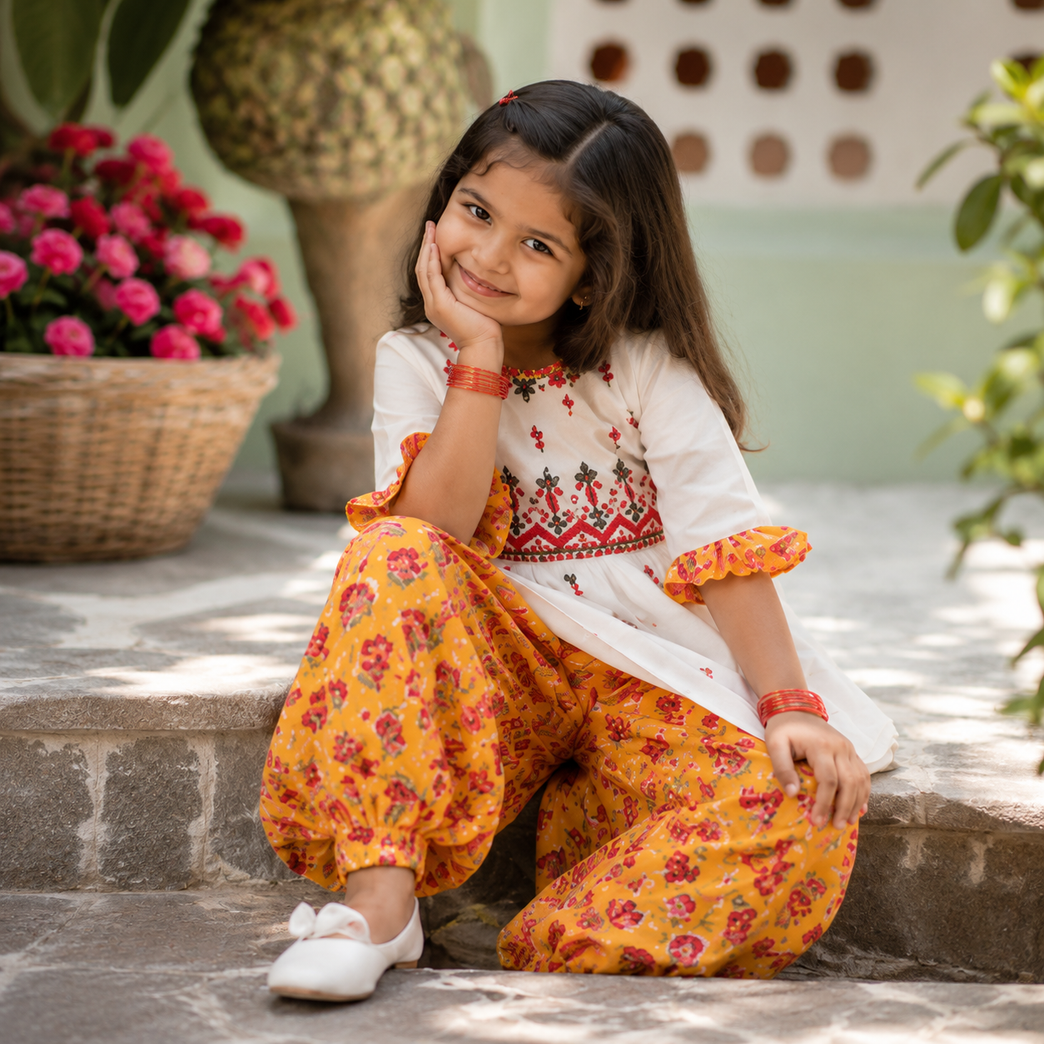 Krazy Girls Embroidery and Mirror work with Floral Printed  Pure Cotton Kurta with Salwar Set