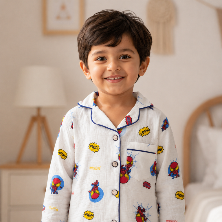 Spider-Man Print Cotton Night Suit Set with Full Sleeve Shirt &amp; Pyjama | White