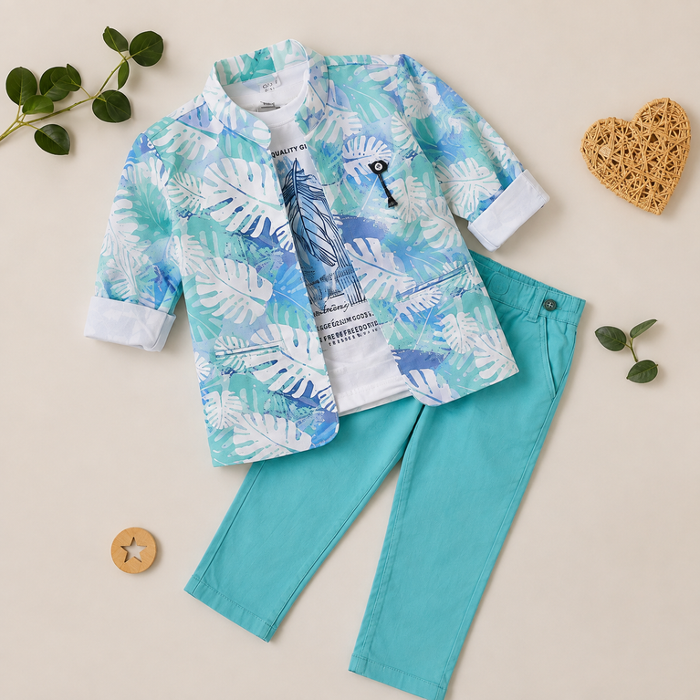 Blue & Aqua Printed Blazer Set | Stylish Kids Party Wear
