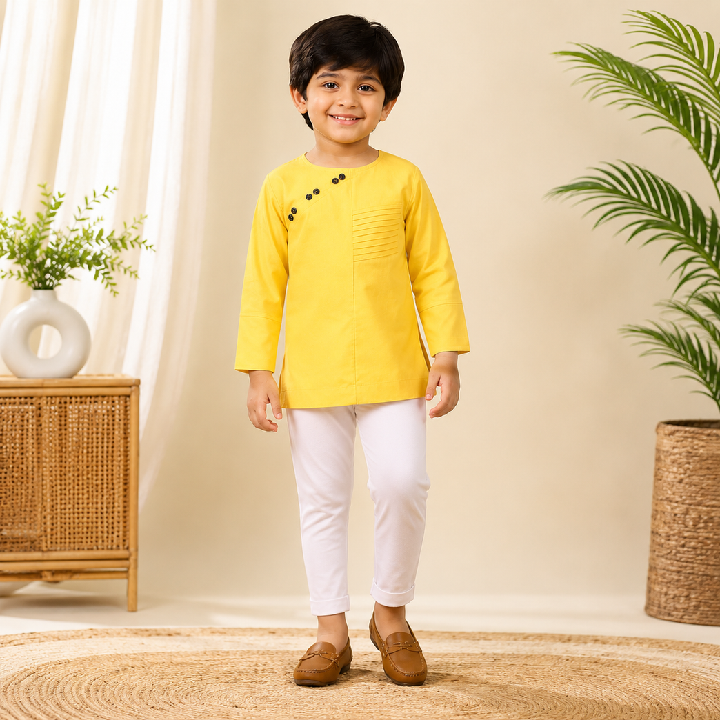 Ninos Boys Cotton Full Sleeves Festive Multidesign Party Kurta Pyjama Set- Lemon