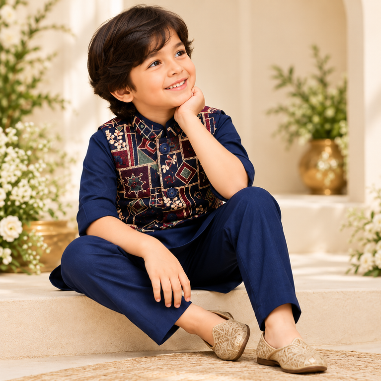 Aagam Full Sleeves Solid Kurta Pyjama Set with  Embroidered Printed Jacket - Navy Blue