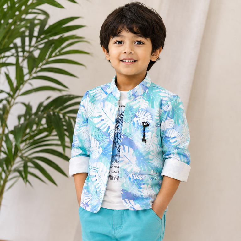 Blue & Aqua Printed Blazer Set | Stylish Kids Party Wear