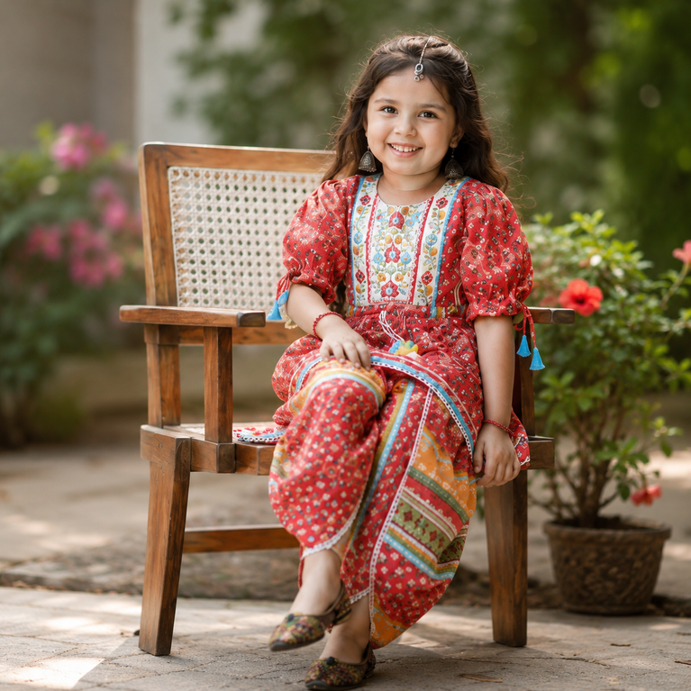 Krazy Girls Dhoti Style Peplum Red Kurti with Multicolor Digital Print and Mirror work