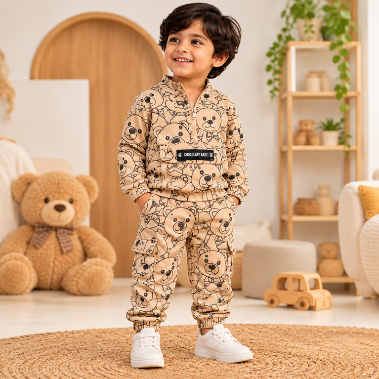 Teddy Bear Printed Co-Ord Set | Full-Sleeve Jacket & Cargo Pants