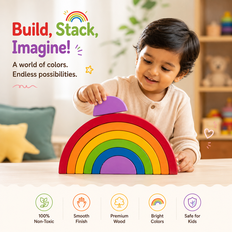 Montessori Wooden Rainbow Stacker Toy for Kids | Colorful Balancing & Open-Ended Learning Blocks