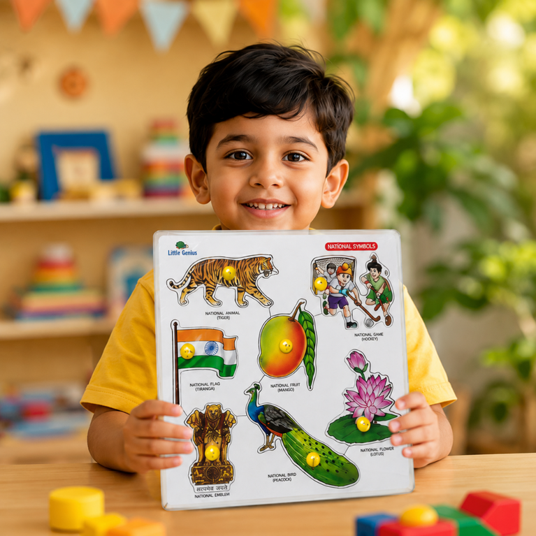 India National Symbols Wooden Puzzle Board for Kids | Educational Learning Toy for Preschool & Kindergarten