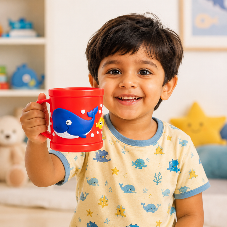 Whale Plastic Mug with Handle | Cute Ocean-Themed Reusable Drinking Mug for Milk, Juice & Water | BPA-Free | Red