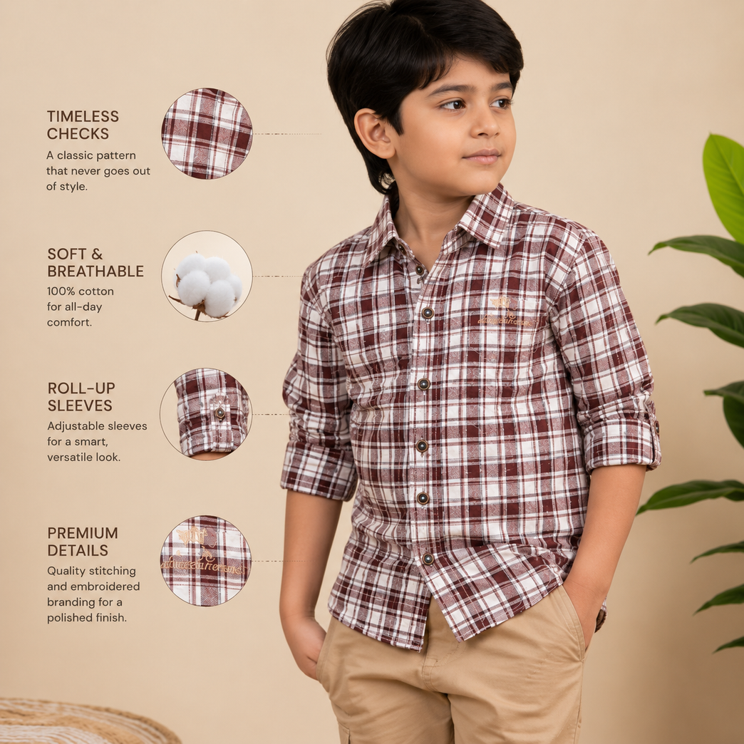 Boys Classic Checkered Full Sleeve Cotton Shirt – Maroon & White Plaid Casual Shirt
