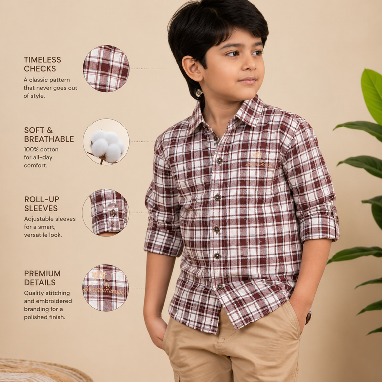 Boys Classic Checkered Full Sleeve Cotton Shirt – Maroon & White Plaid Casual Shirt