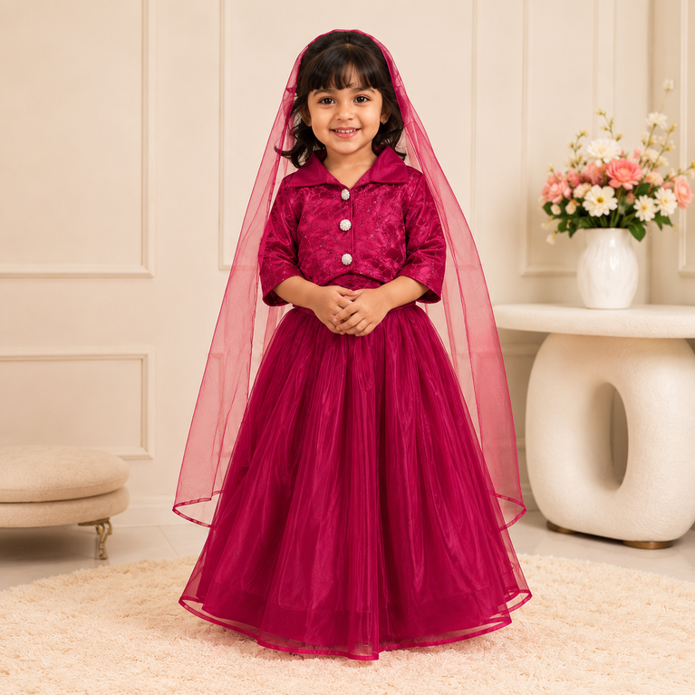 Fuchsia Pink Party Wear Lehenga Choli with Jacket & Net Dupatta | Designer Princess Outfit