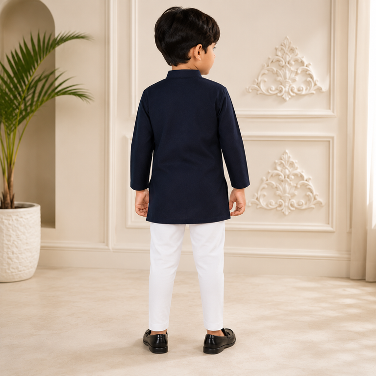 Ninos Boys Cotton Full Sleeves Festive Multidesign Party Kurta Pyjama Set- Navy