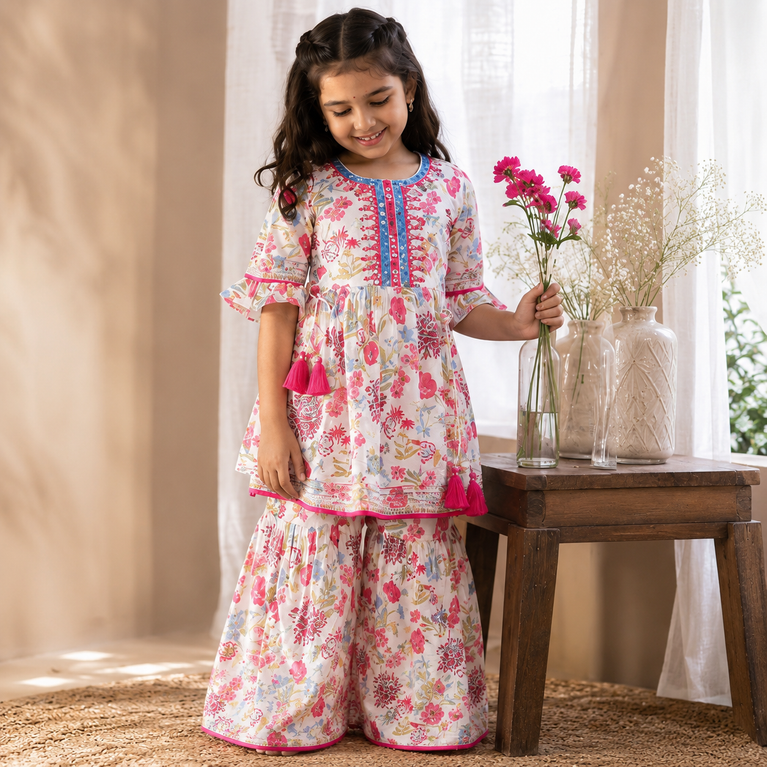 Floral Printed Kurta with Embroidered Sharara Set | White &amp; Pink Ethnic Festive Wear for Kids | Traditional Co-ord Outfit