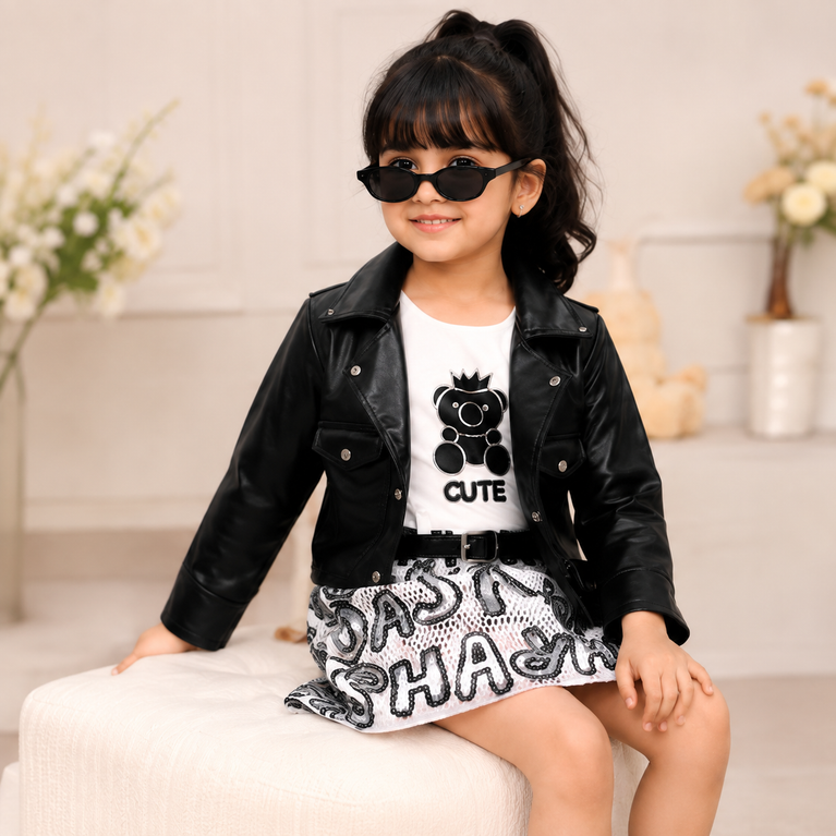Girls White Teddy Graphic Dress with Black Jacket