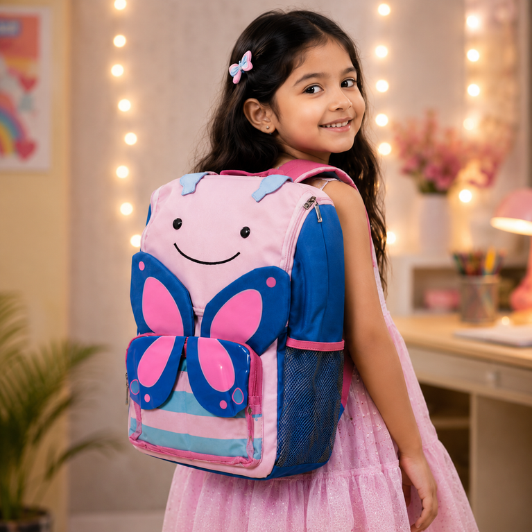 Butterfly Design Kids School Backpack with 3D Wings &amp; Side Bottle Pocket | Pink &amp; Blue