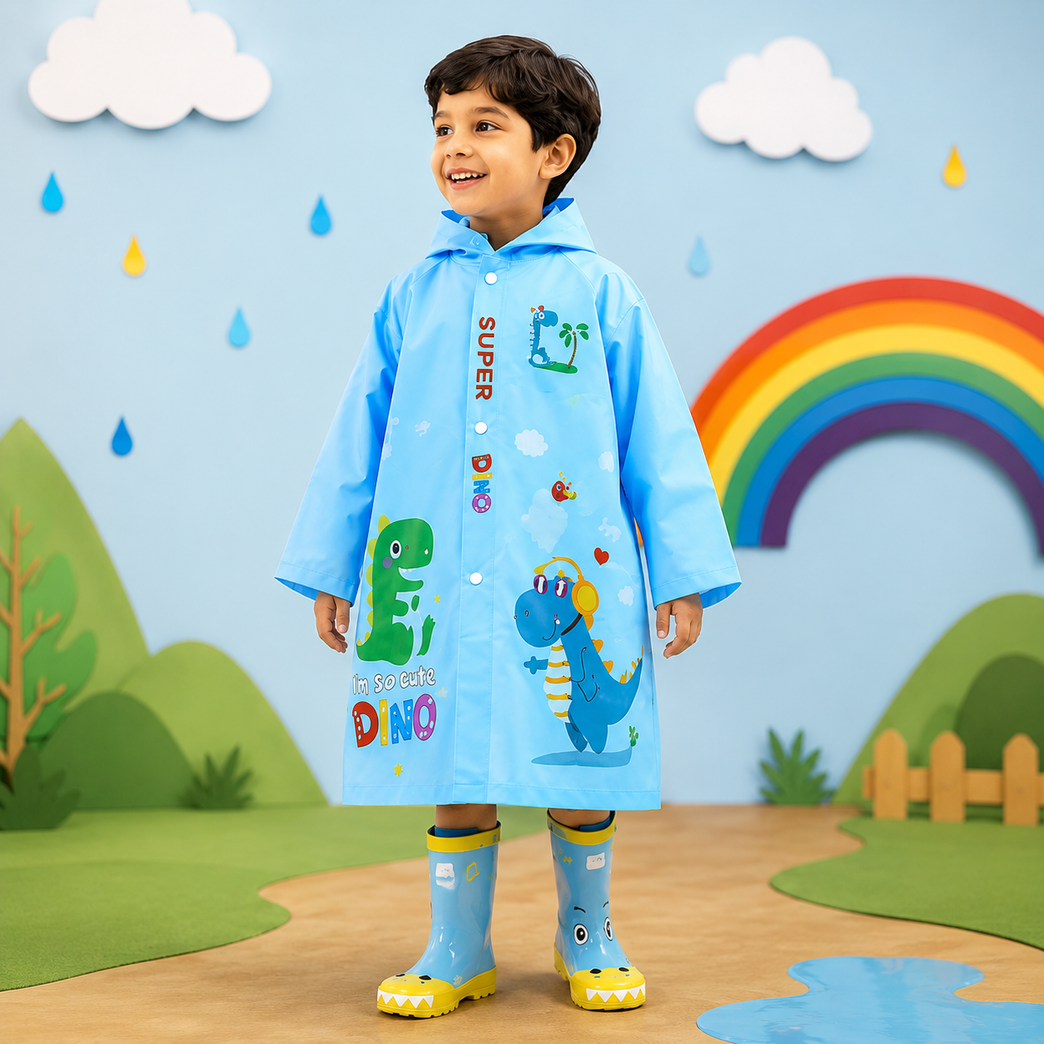 Kids Waterproof PVC Hooded Raincoat with Transparent Brim & Carry Pouch | Lightweight Dino Print Rain Wear for Boys & Girls