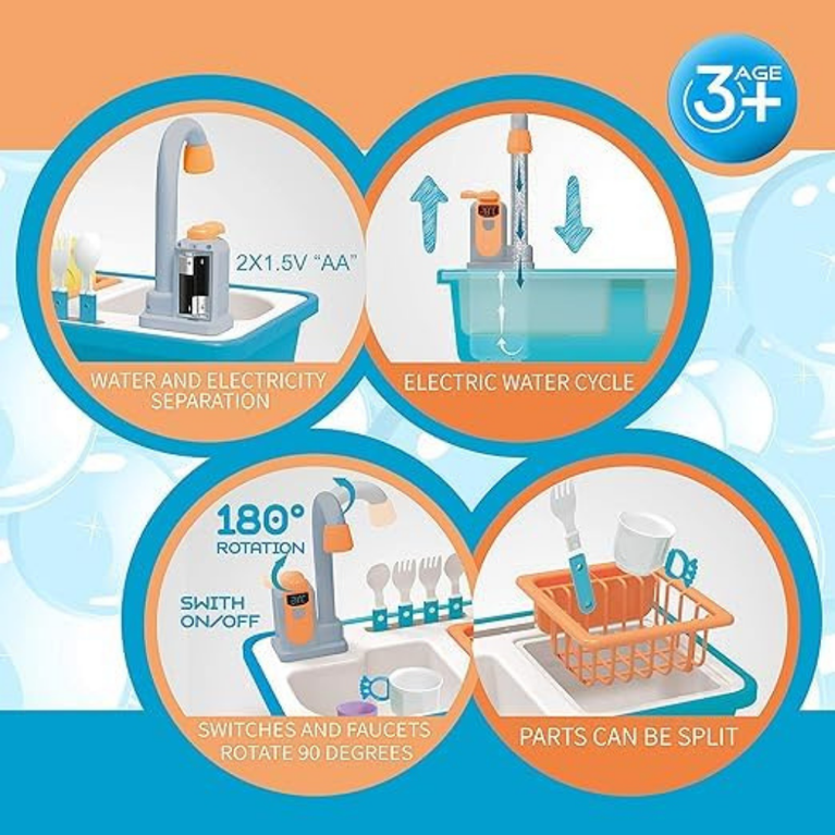 Ninos Kids Kitchen Sink Toy Set with Running Water Tap Educational Playset