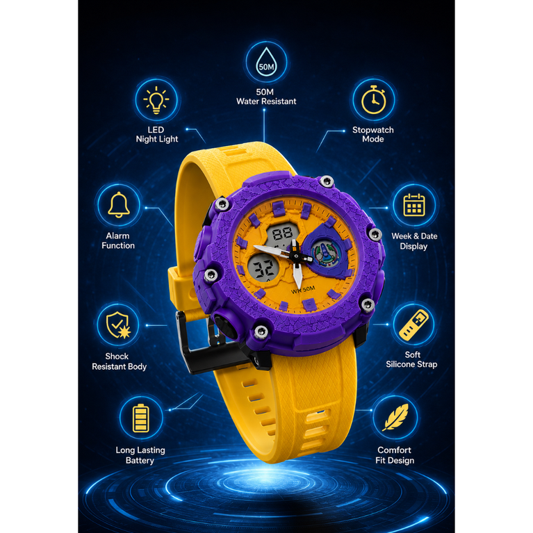 Kids Dual Display Sports Watch – 50M Water Resistant Analog & Digital Shockproof Watch with LED Light, Alarm, Stopwatch & Date Display (Yellow & Purple)