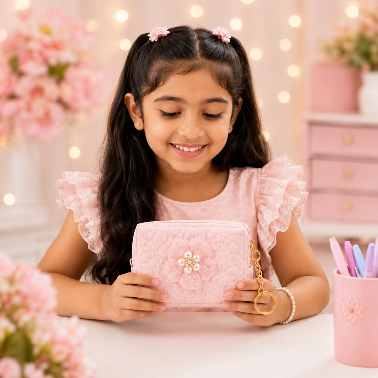 Floral Quilted Coin Purse Girls | Mini Zipper Wallet with Pearl Flower Charm, Keychain Ring | Cute Cash, Coin & Earbuds Pouch (Multi-Color)