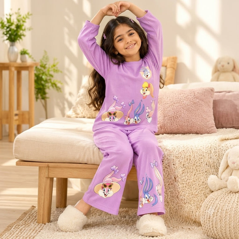 Purple Cartoon Print Co-Ord Set | Full-Sleeve Top & Wide-Leg Pants