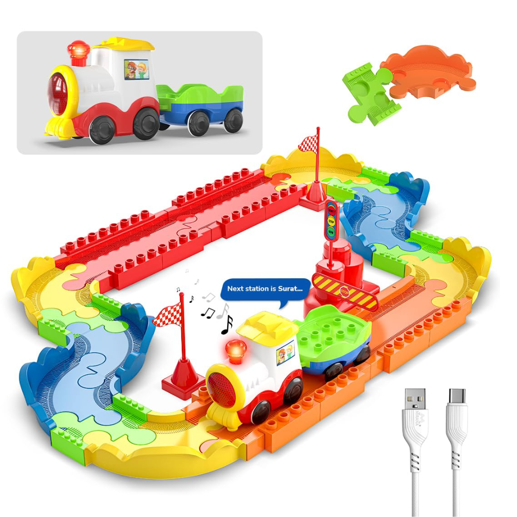 Mirana Block Rider Toy Train Set with Colorful & Multiple Track Layout, USB Rechargeable Type-C Engine, Various Sound Modes - Vande Bharat, Rajdhani, Delhi Metro, Kids 2-8 Years (Basic - 47 Pcs)