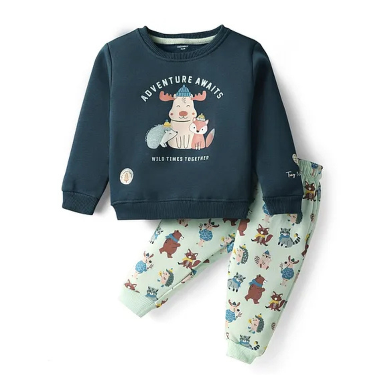 CUCUMBER- Fleece Knit Full Sleeves Winter Wear Night Suit With Animal Print