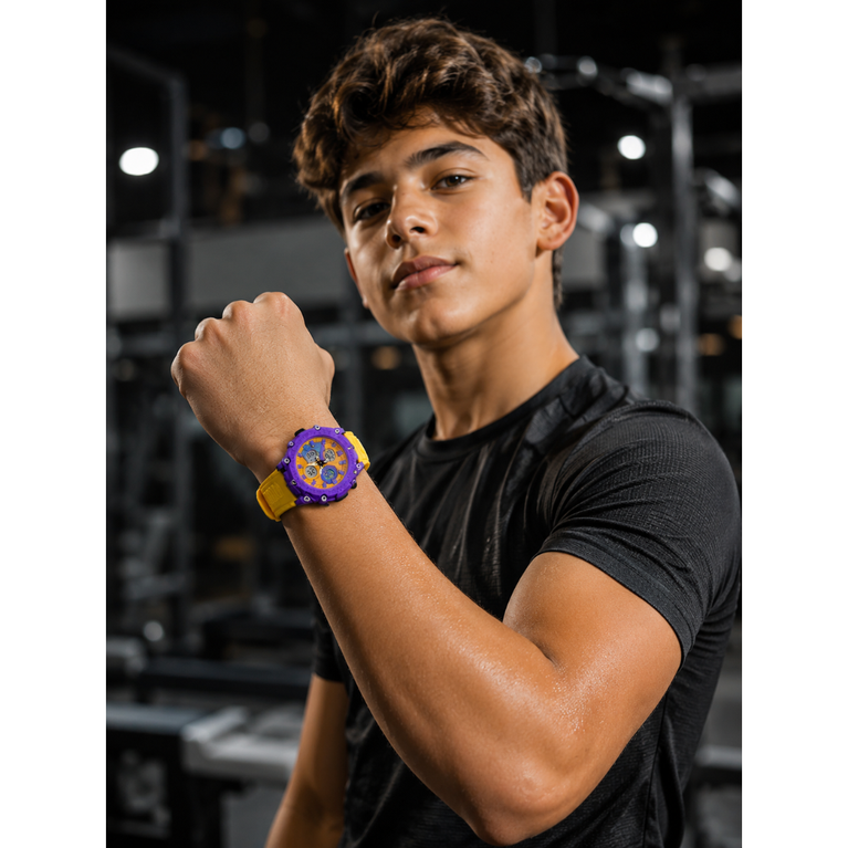 Kids Dual Display Sports Watch – 50M Water Resistant Analog & Digital Shockproof Watch with LED Light, Alarm, Stopwatch & Date Display (Yellow & Purple)