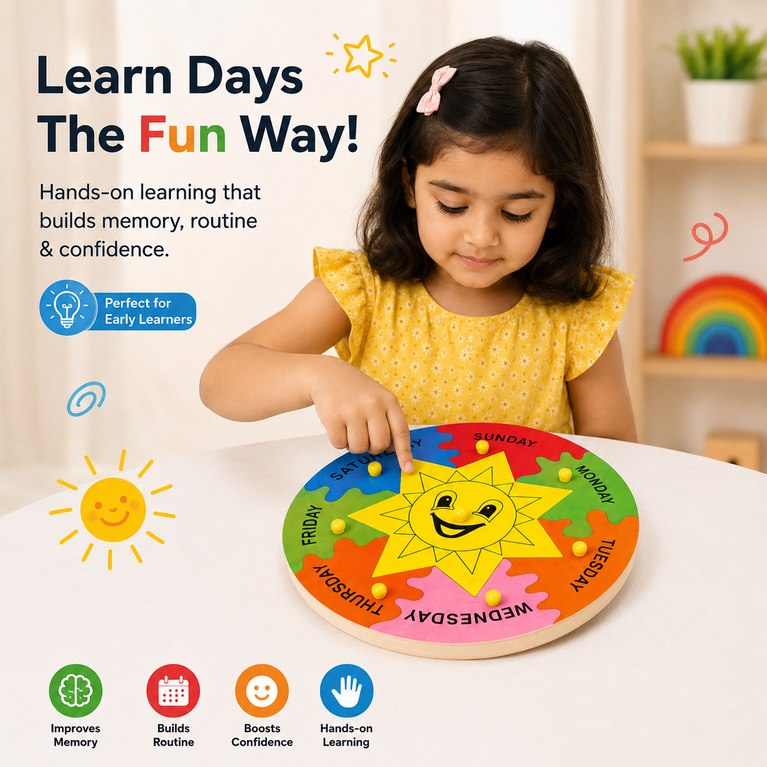7 Days of the Week Wooden Learning Clock for Kids | Montessori Educational Calendar & Daily Routine Toy