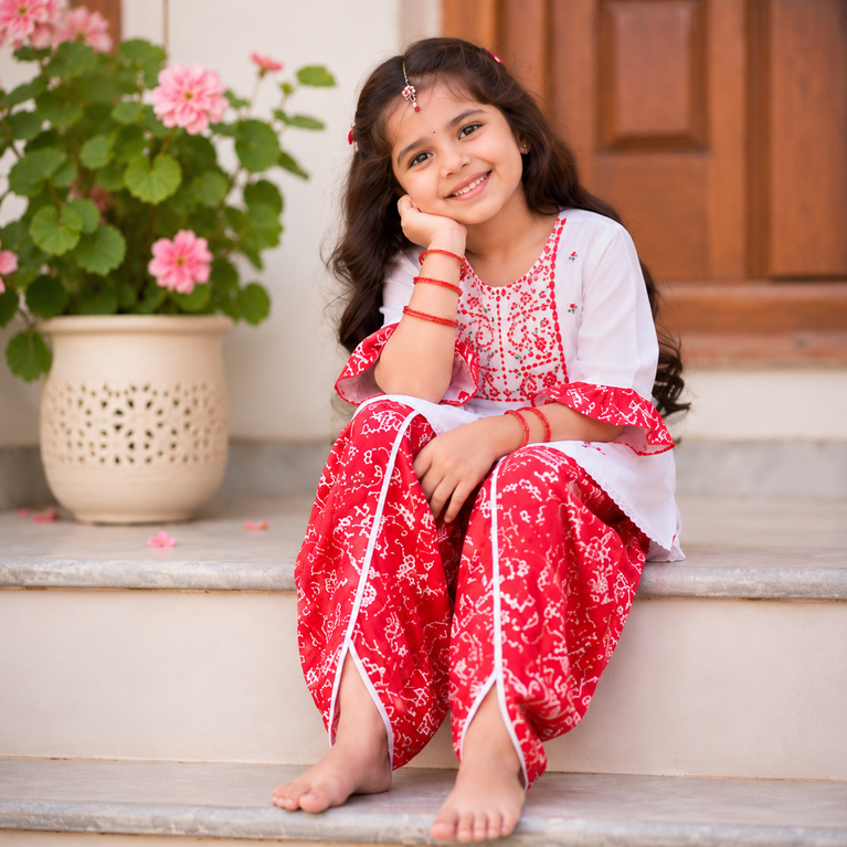 White Embroidered Peplum Kurti with Red Dhoti Pants Set | Kids Ethnic Festive Wear | Traditional Co-ord Outfit