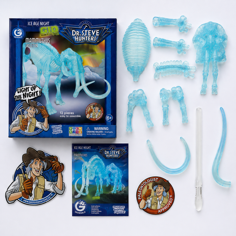 Glow-in-the-Dark Mammoth Skeleton STEM Assembly Kit for Kids (12 Pieces)