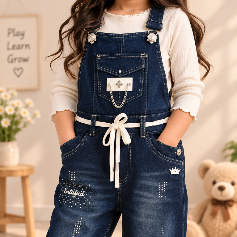 Girls Blue Denim Dungaree with Embellished Details | Stylish Kids Overalls| 6-7 years