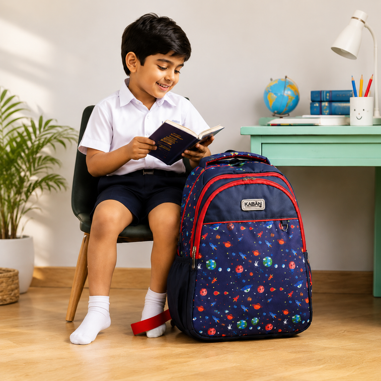 Space Print School Backpack with Padded Straps, Multiple Compartments &amp; Side Pockets | Navy Blue &amp; Red