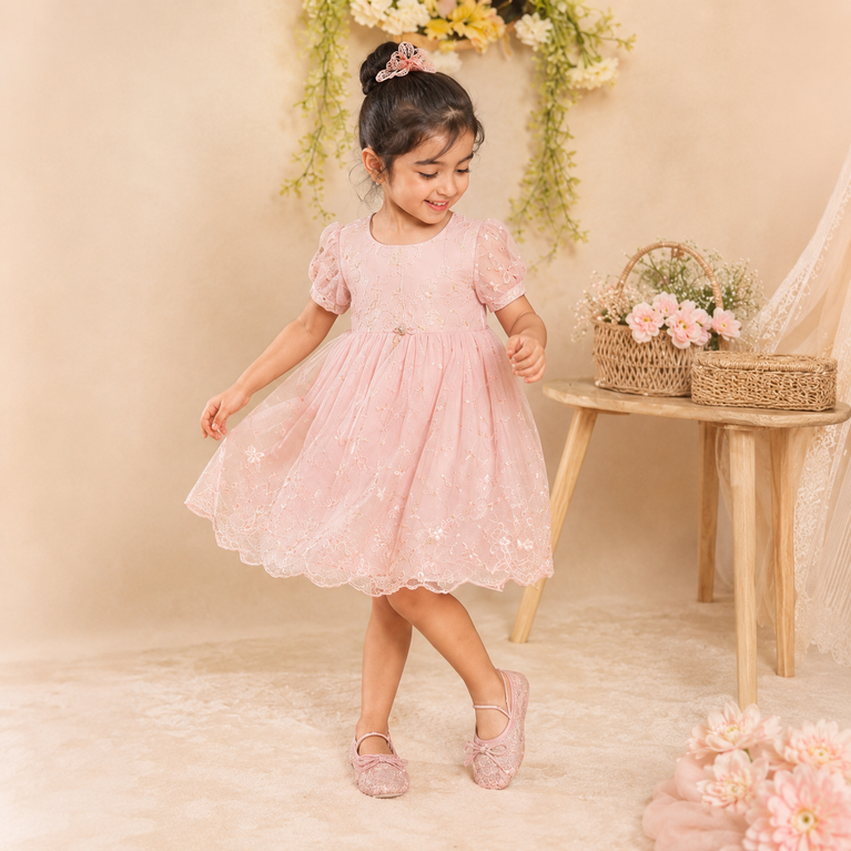 Girls' Blush Pink Lace Ballet Flats with Bow | Lightweight Party &amp; Casual Shoes