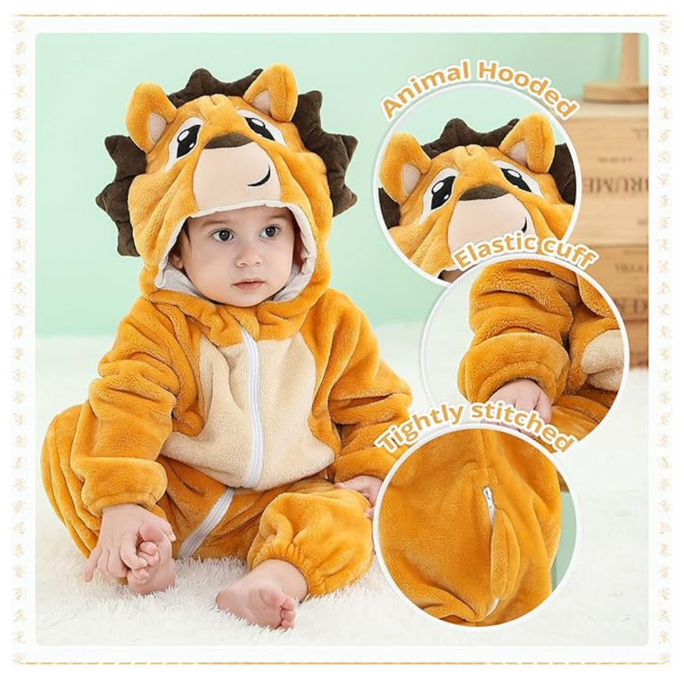 Michley- Unisex Baby Winter Hooded Romper Flannel Lion Style Stitch Animal Long Sleeves Zip Cosplay Dress