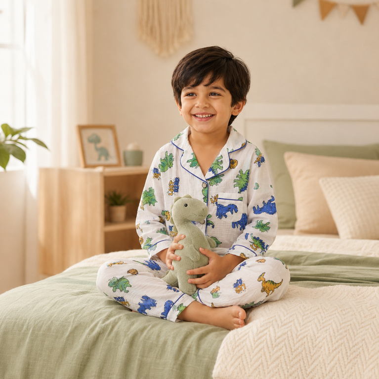 Dinosaur Print Cotton Night Suit Set with Full Sleeve Shirt &amp; Pajama | White