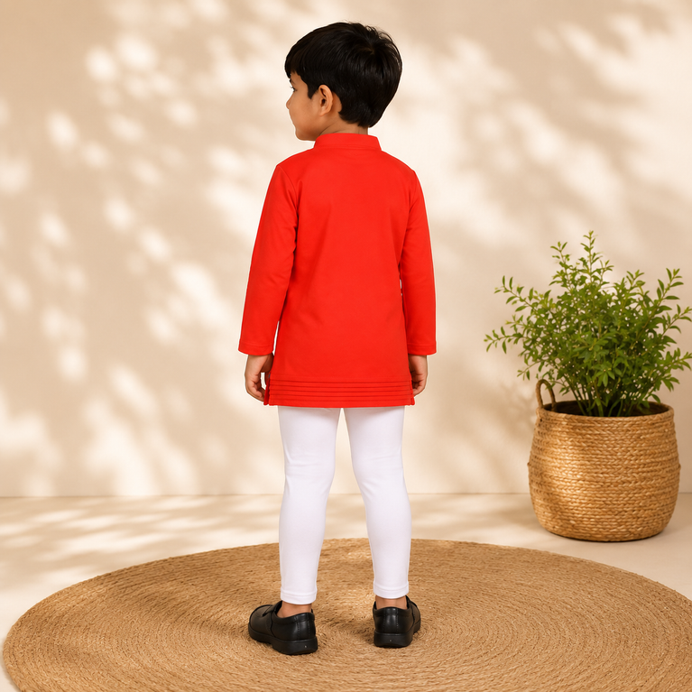 Ninos Boys Cotton Full Sleeves Festive Multidesign Party Kurta Pyjama Set- Red