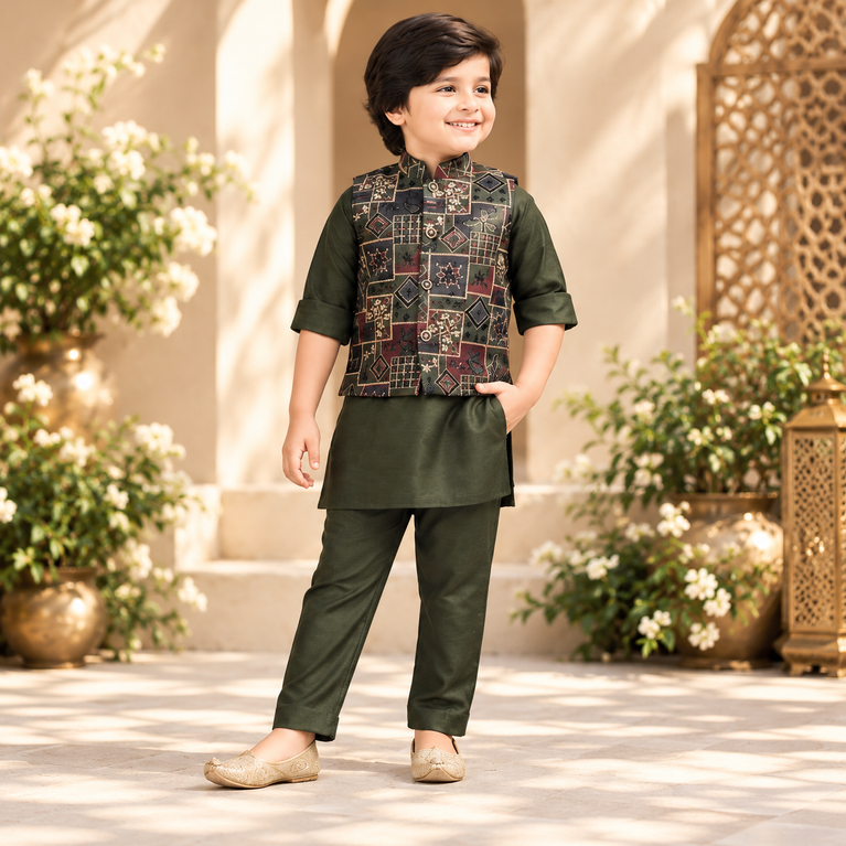 Infants Full Sleeves Solid Kurta Pyjama Set with Embroidered Printed Jacket - Olive