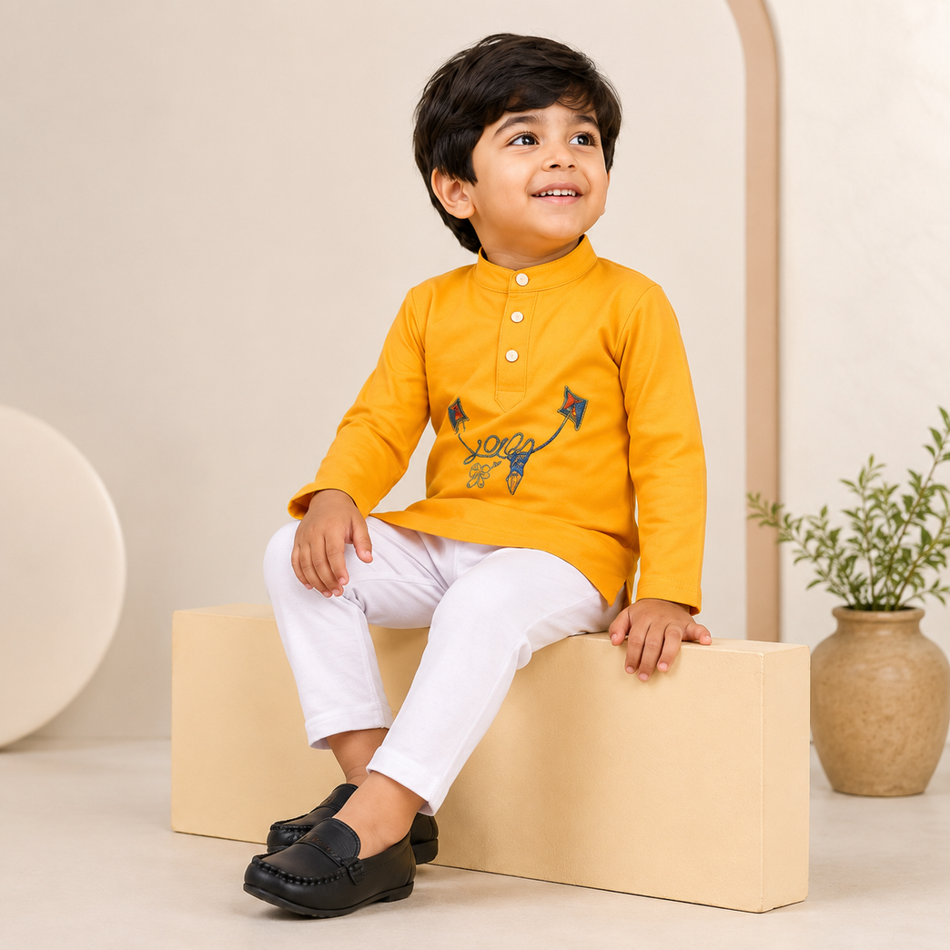 Ninos Boys Cotton Full Sleeves Festive Multidesign Party Kurta Pyjama Set- Mustard