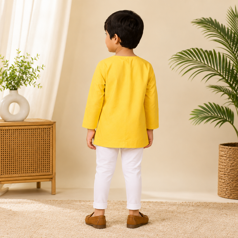 Ninos Boys Cotton Full Sleeves Festive Multidesign Party Kurta Pyjama Set- Lemon