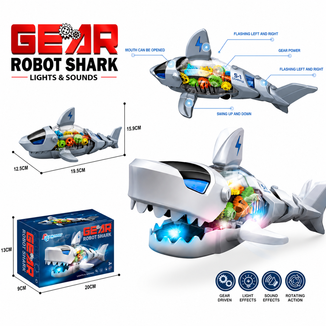 Gear Robot Shark Toy with Lights & Sounds – Rotating Gear Action Shark for Kids