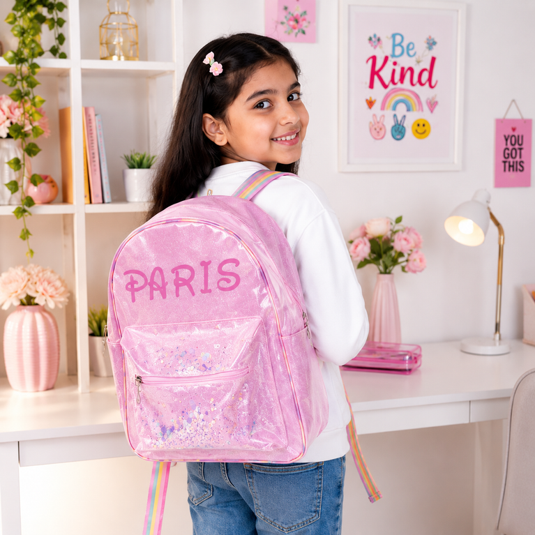 Girls Glitter Transparent Backpack with Sequin Pocket &amp; Rainbow Adjustable Straps