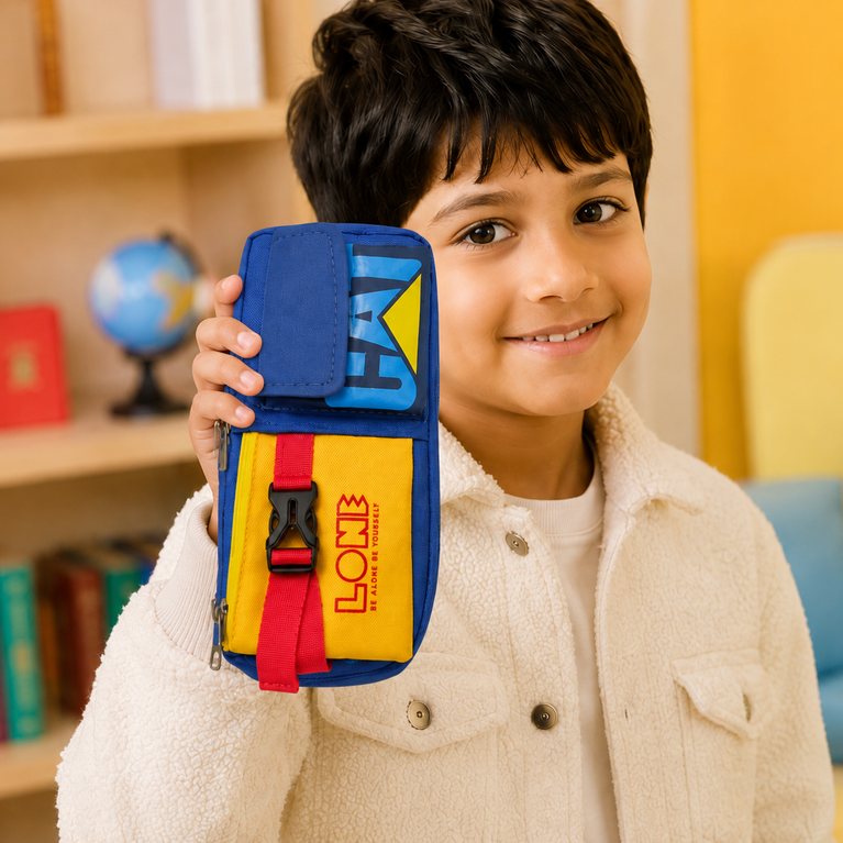 Multipurpose Pencil Pouch with Multiple Compartments & Zipper | Blue, Yellow & Red School Organiser