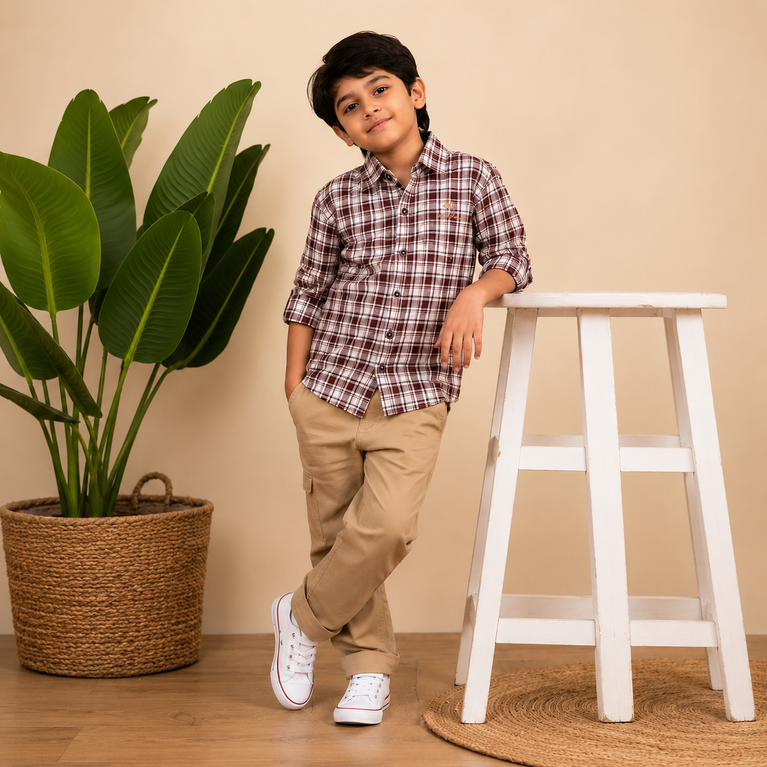 Boys Classic Checkered Full Sleeve Cotton Shirt – Maroon & White Plaid Casual Shirt