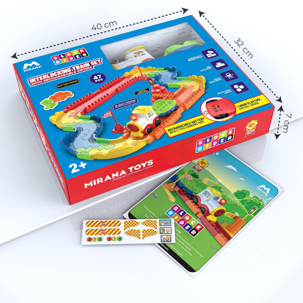 Mirana Block Rider Toy Train Set with Colorful & Multiple Track Layout, USB Rechargeable Type-C Engine, Various Sound Modes - Vande Bharat, Rajdhani, Delhi Metro, Kids 2-8 Years (Basic - 47 Pcs)