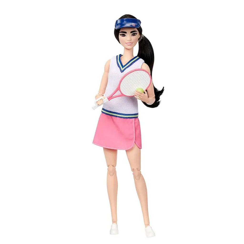 Barbie Made to Move Fashion Tennis Player Doll with Racket and Ball Pink & White - Height 30 cm