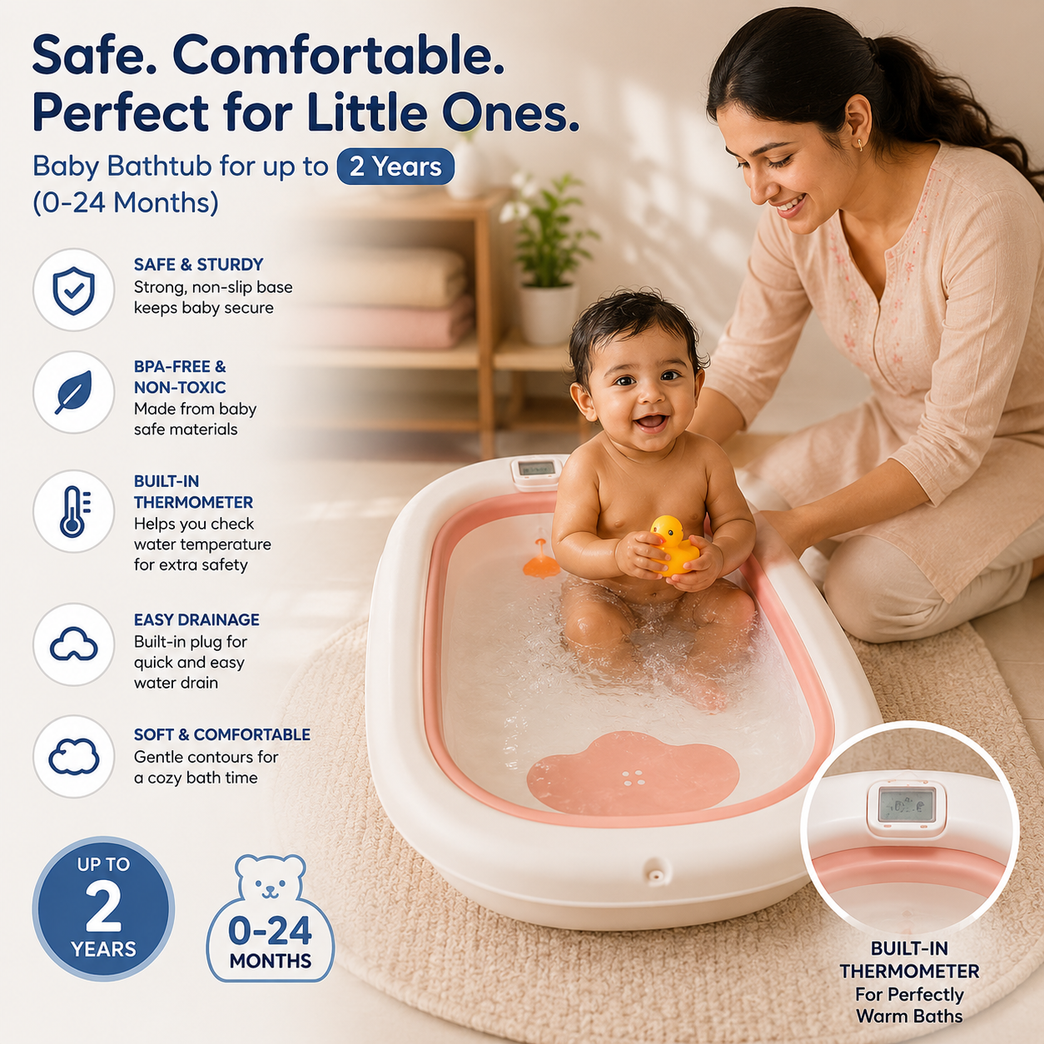 Premium Foldable Baby Bath Tub with Temperature Sensor & Soft Cushion Support | Portable Non-Toxic Infant Bathtub for Newborns & Toddlers (0–24 Months) | Space-Saving Baby Bathing Tub