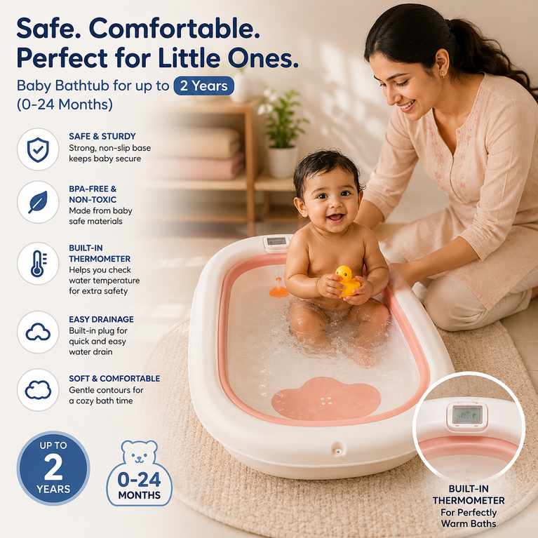 Premium Foldable Baby Bath Tub with Temperature Sensor & Soft Cushion Support | Portable Non-Toxic Infant Bathtub for Newborns & Toddlers (0–24 Months) | Space-Saving Baby Bathing Tub