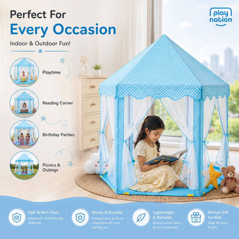 Premium Kids Princess Play Tent House with Mesh Curtains &amp; Spacious Indoor Play Area – Blue Fantasy Castle Tent for Boys &amp; Girls
