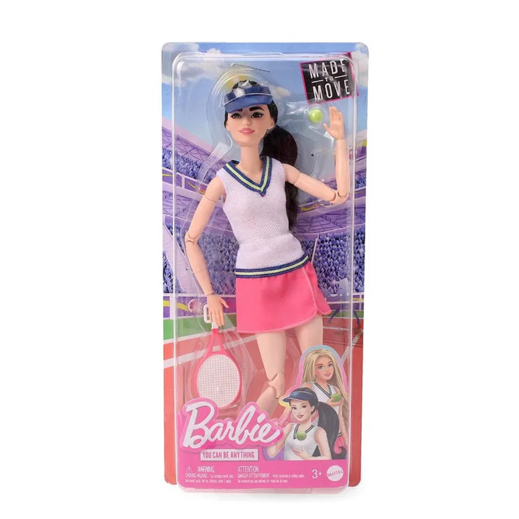 Barbie Made to Move Fashion Tennis Player Doll with Racket and Ball Pink & White - Height 30 cm