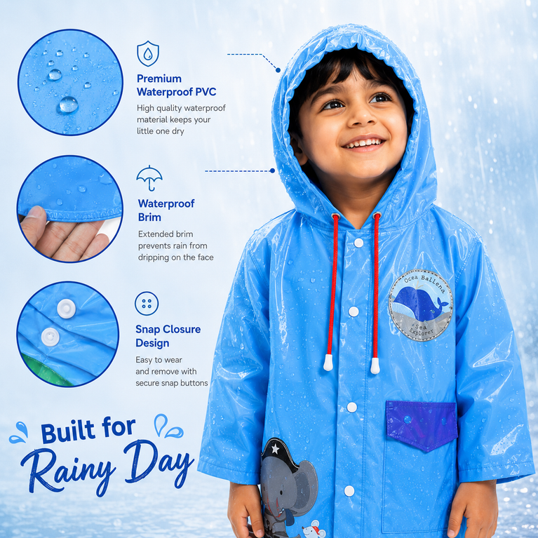 Hooded Raincoat for Kids with Wide Brim, EVA Student Rain Coat for Girls, School Bag Rain Cover